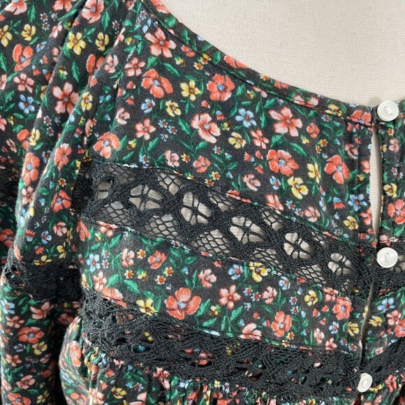 Old Navy Womens Large Floral Boho Blouse Black Multicolor Lace Trim Long Sleeves - Picture 3 of 10